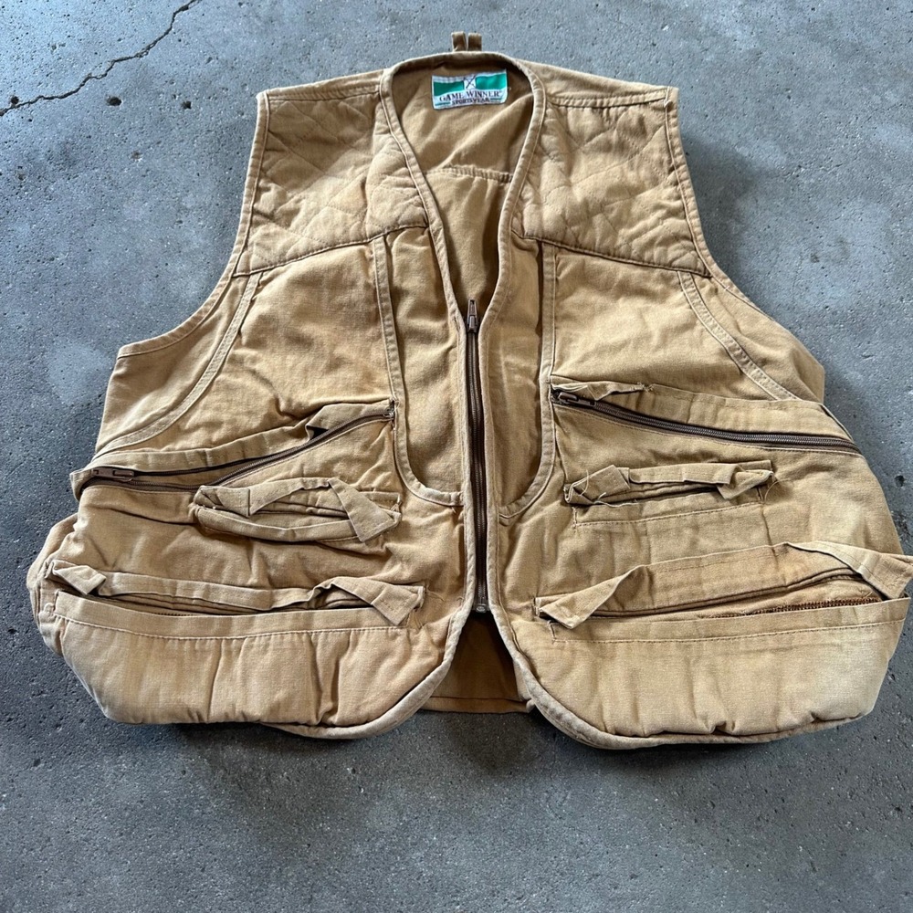 VTG Game Winner Hunting Vest Mens XL Tan Brown Duck Canvas Utility Game Bag